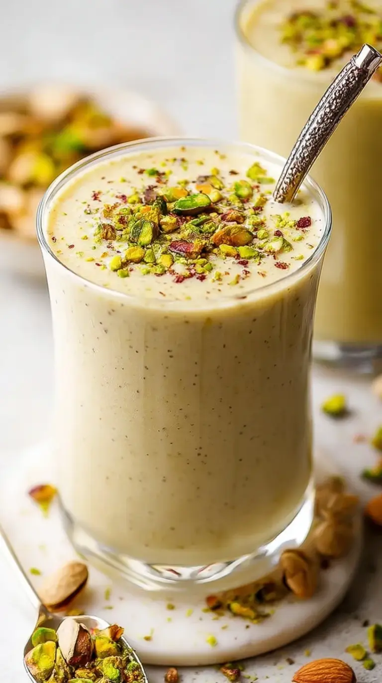 A creamy green pistachio smoothie in a glass topped with crushed nuts