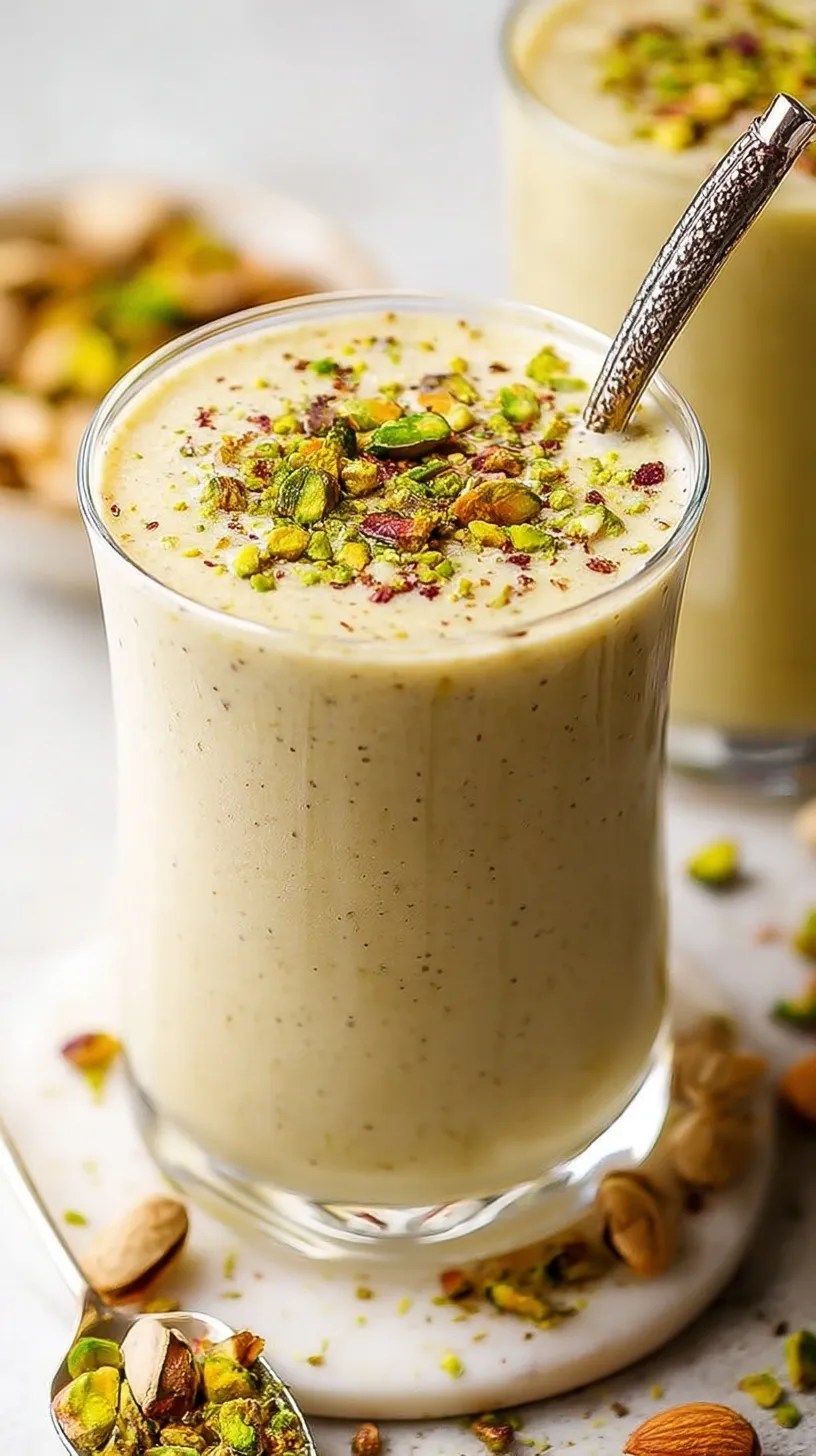 A creamy green pistachio smoothie in a glass topped with crushed nuts