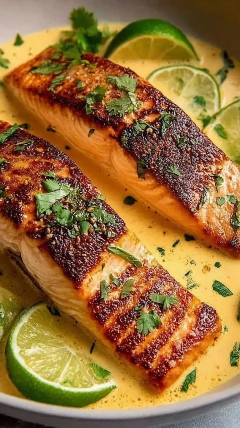Tender poached salmon fillets in a creamy coconut lime sauce with spinach and cilantro