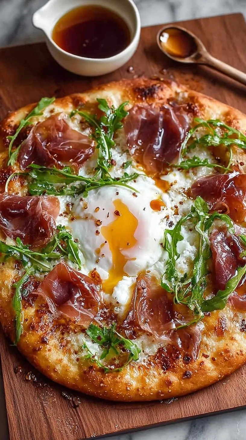 Artisanal high protein pizza topped with fresh burrata, thin prosciutto slices, arugula, and a drizzle of hot honey