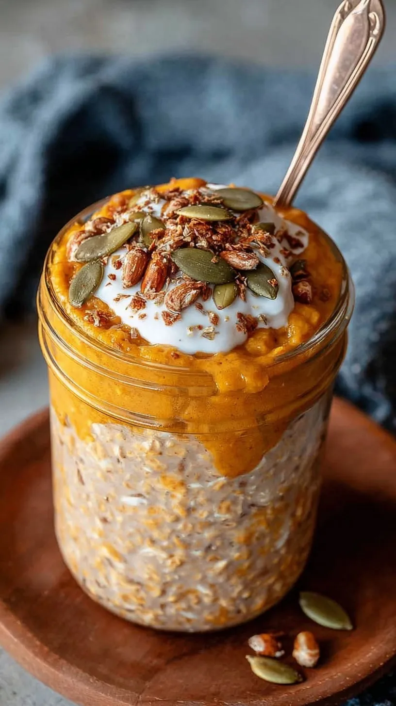 A mason jar filled with creamy pumpkin overnight oats topped with pumpkin seeds and cinnamon.