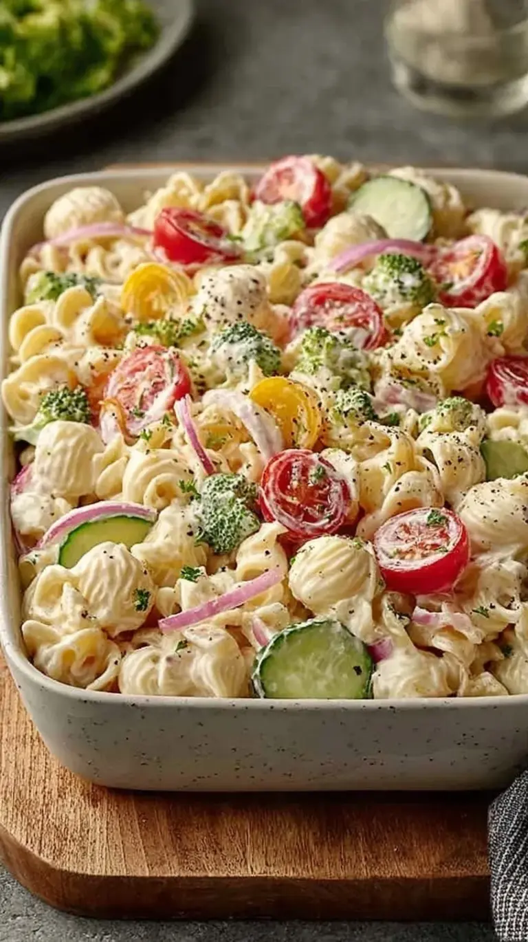 A colorful bowl of High Protein Ranch Pasta Salad with chickpea rotini, cherry tomatoes, and creamy yogurt dressing.