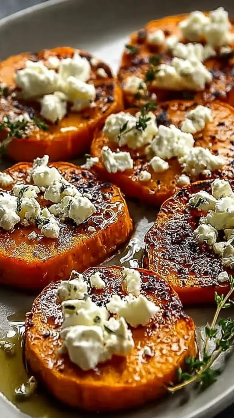 Golden roasted sweet potato rounds topped with whipped feta, honey, and crushed walnuts on a parchment-lined tray.