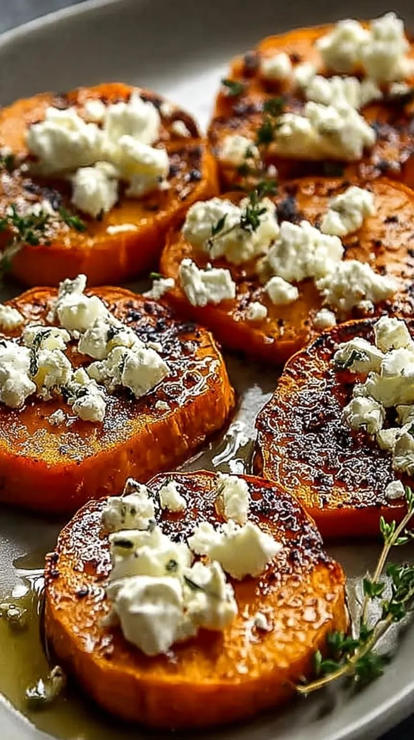 Golden roasted sweet potato rounds topped with whipped feta, honey, and crushed walnuts on a parchment-lined tray.