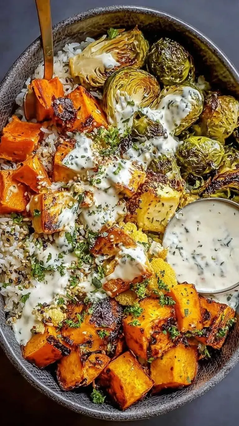 A vibrant nourish bowl with roasted sweet potatoes, Brussels sprouts, chickpeas, and quinoa drizzled with tahini sauce