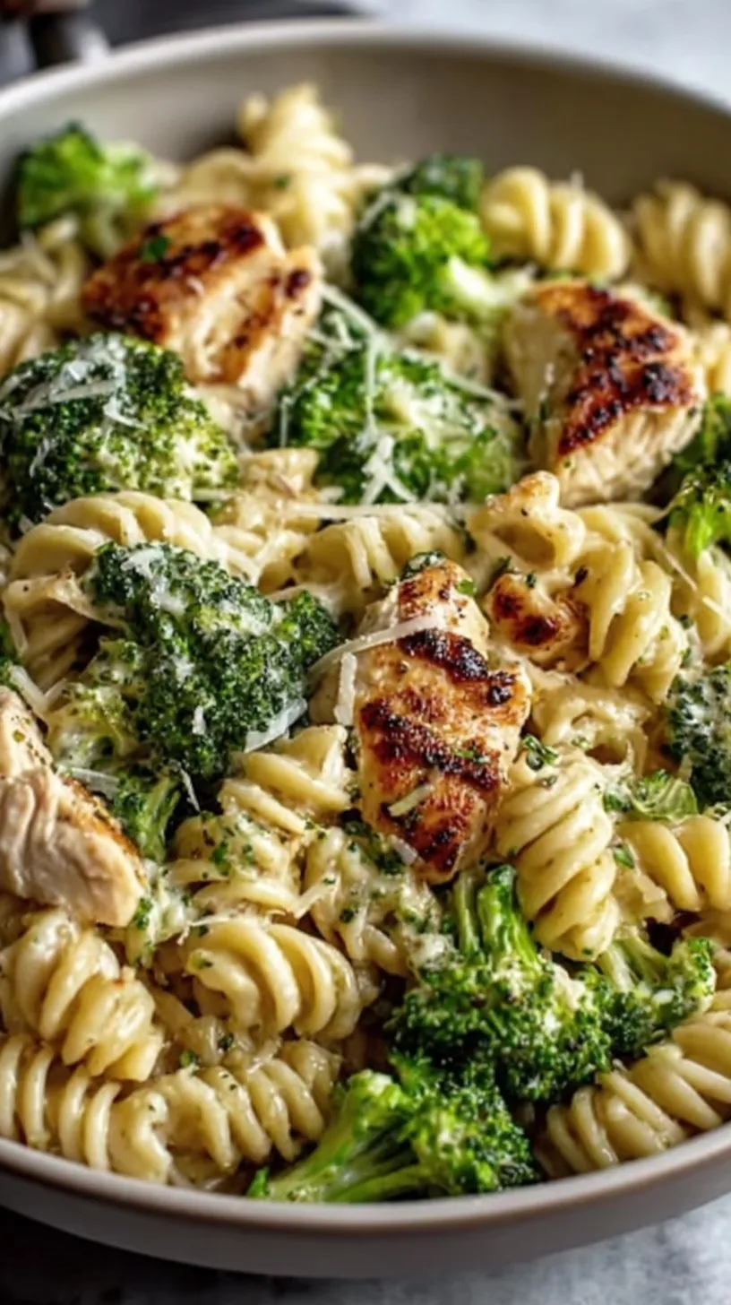 Creamy High Protein Chicken Broccoli Pasta in a skillet with lemon zest and parmesan