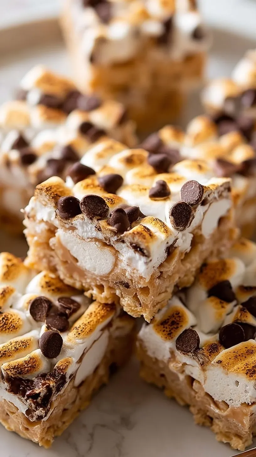 Close up of crispy high-protein s'mores treats with marshmallows and dark chocolate chips