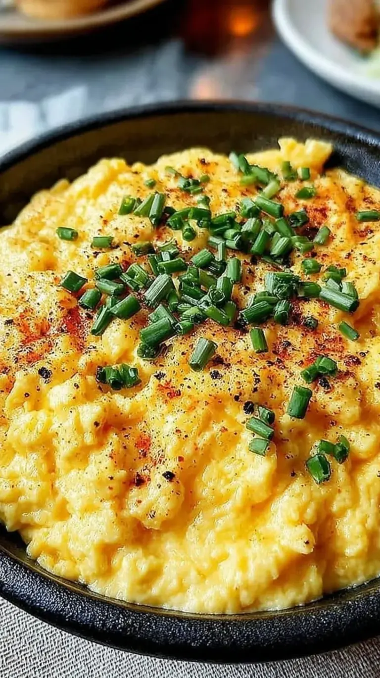 A close-up shot of creamy high protein scrambled eggs garnished with fresh chives in a black skillet.