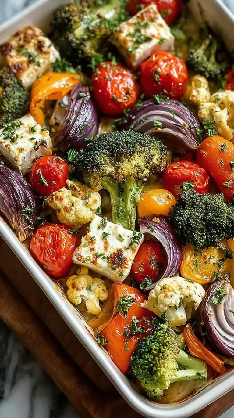 A colorful High Protein Sheet Pan Veggie Bake with roasted tofu, chickpeas, broccoli, and peppers on a baking sheet.
