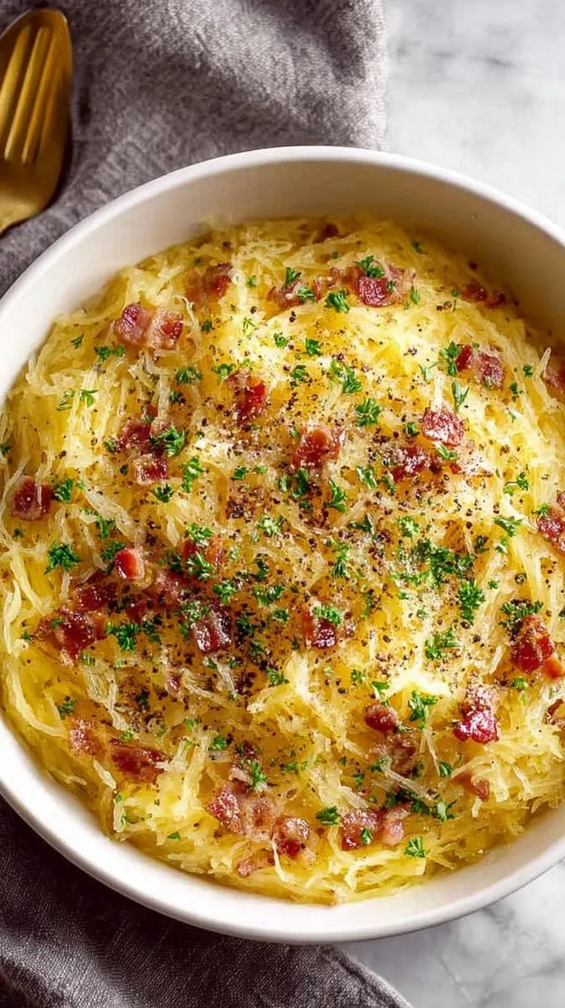 Creamy spaghetti squash carbonara with crispy guanciale and black pepper