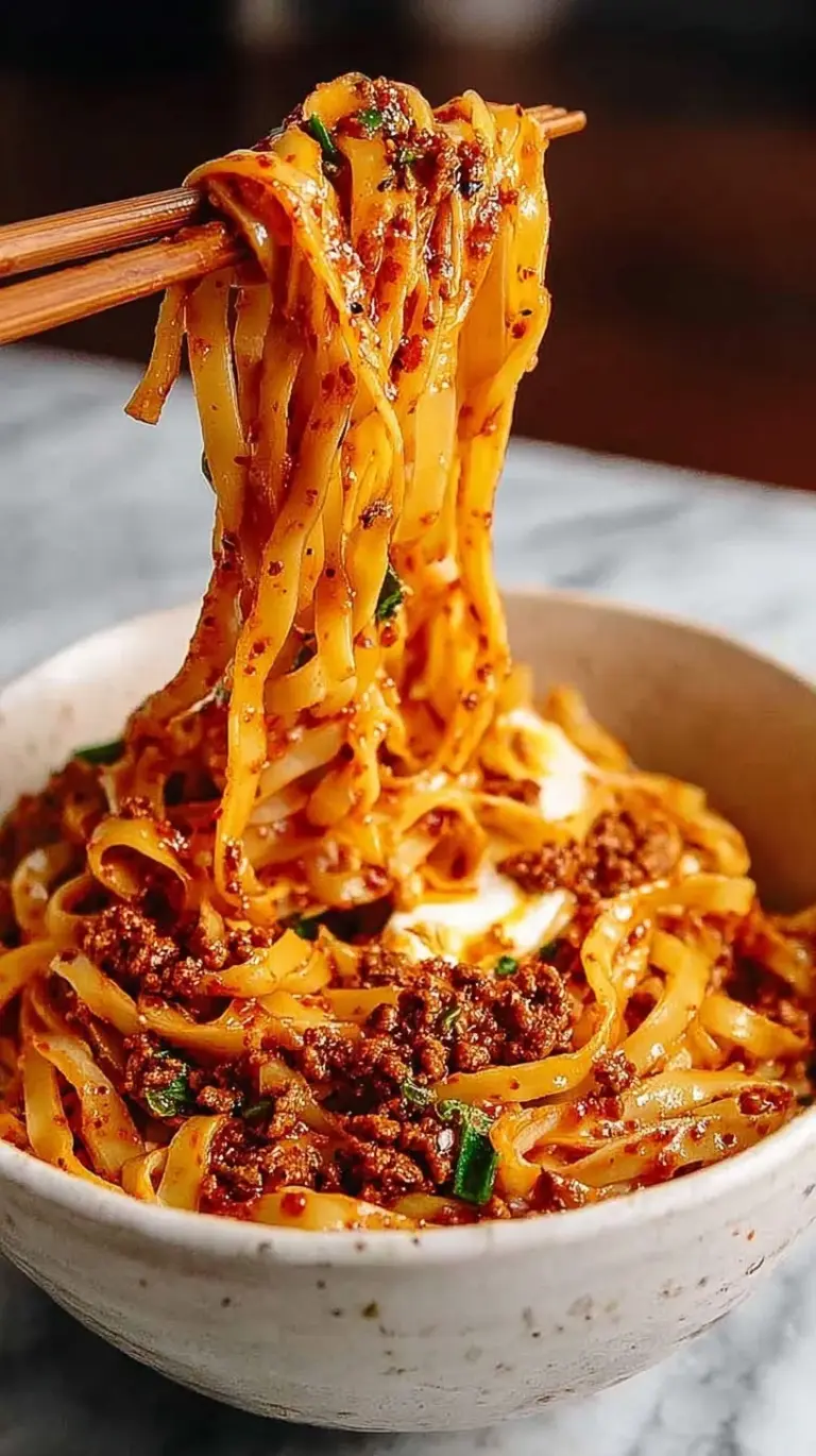 A bowl of glossy Spicy Gochujang Noodles with sliced chicken and green onions