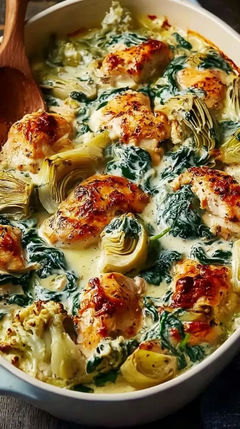 A golden-brown bubbly chicken casserole with spinach and artichokes in a white baking dish.