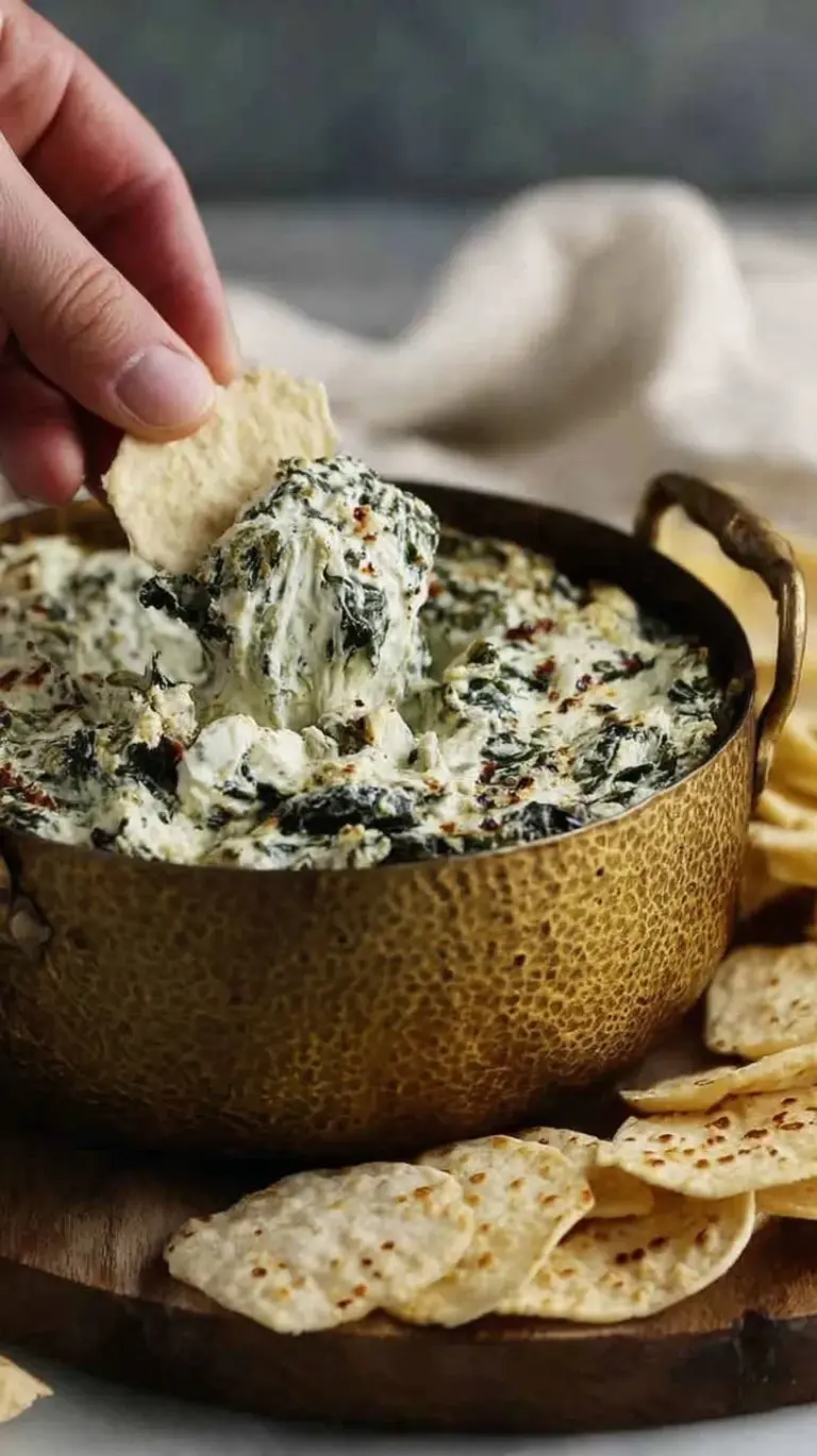 A bubbly, golden brown high protein spinach artichoke dip in a white baking dish served with fresh vegetable sticks.