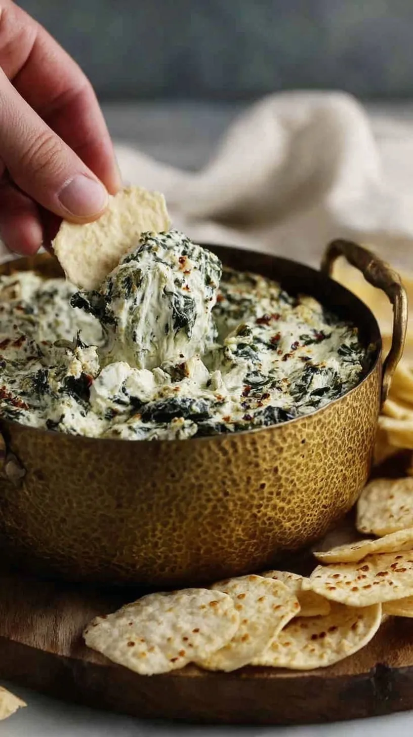 A bubbly, golden brown high protein spinach artichoke dip in a white baking dish served with fresh vegetable sticks.