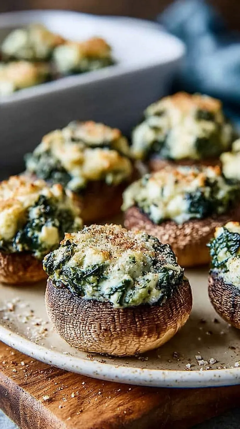 A tray of golden, bubbly spinach dip stuffed mushrooms topped with melted mozzarella cheese.