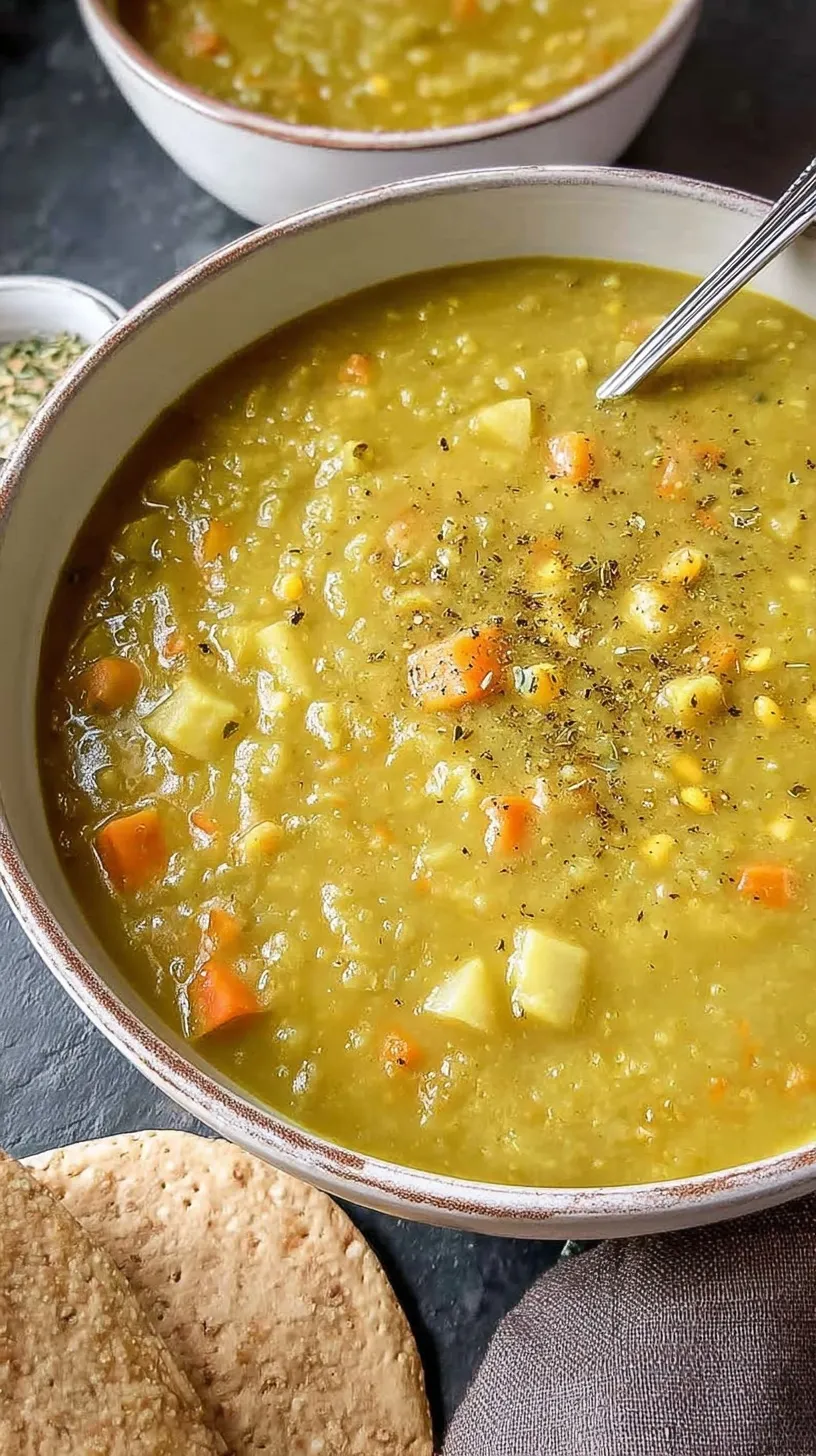A steaming bowl of creamy high protein split pea soup with chunks of smoked turkey and fresh herbs.