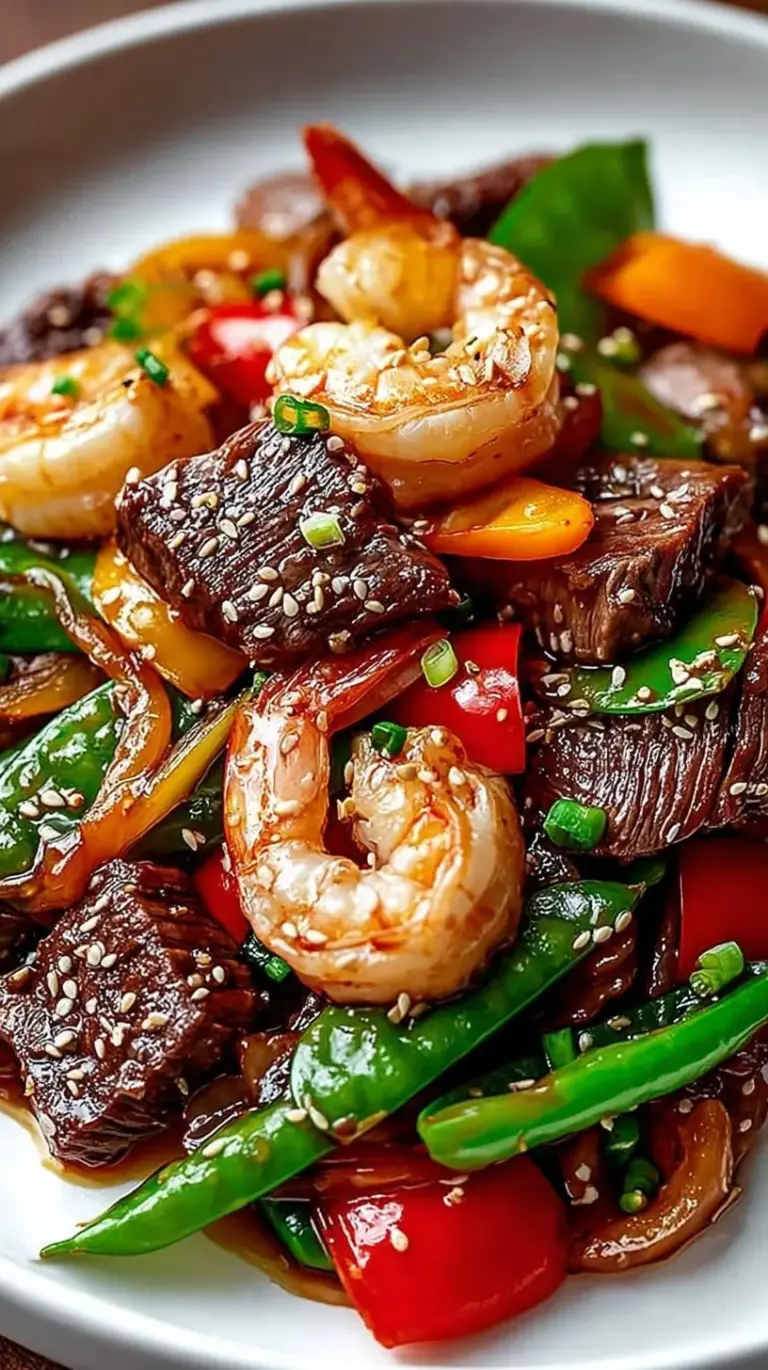 Glistening steak strips and pink shrimp tossed with vibrant green broccoli and red peppers in a dark savory sauce.