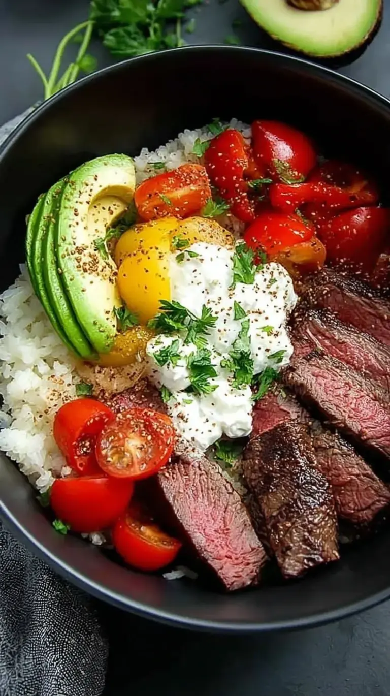 A vibrant steak fajita bowl with charred peppers, onions, and avocado over cilantro-lime cauliflower rice.