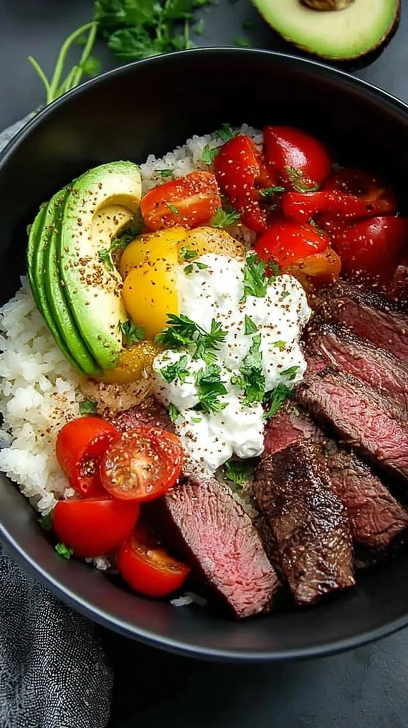 A vibrant steak fajita bowl with charred peppers, onions, and avocado over cilantro-lime cauliflower rice.