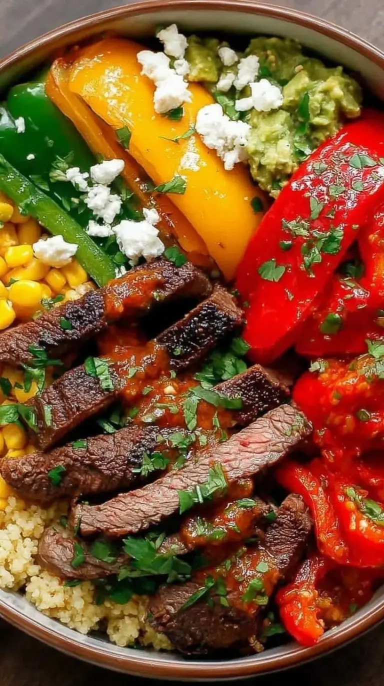 A vibrant low carb steak fajita bowl with seared steak, peppers, onions, and avocado over cauliflower rice.