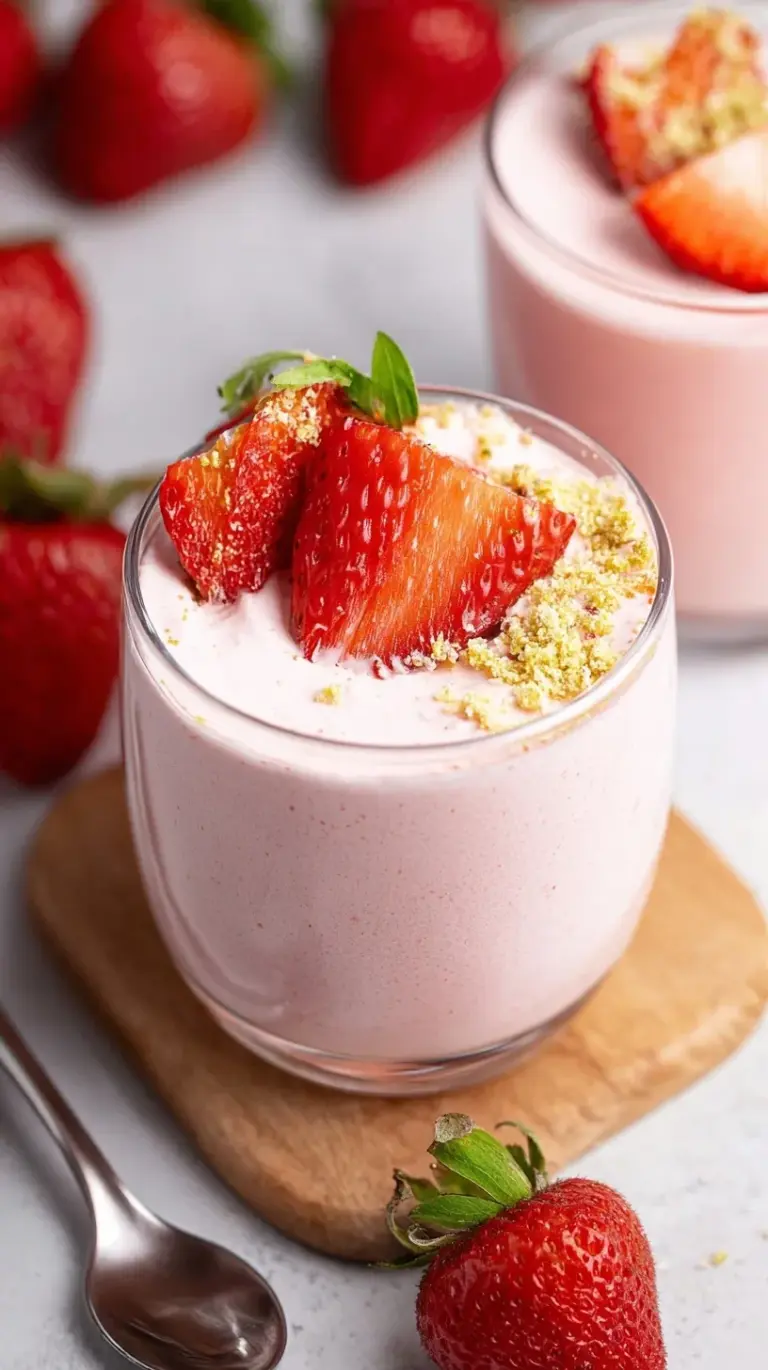A light pink high-protein strawberry mousse served in a glass dish topped with fresh strawberry slices.
