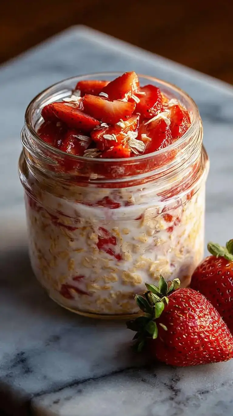 A glass jar filled with creamy strawberry overnight oats topped with fresh diced strawberries