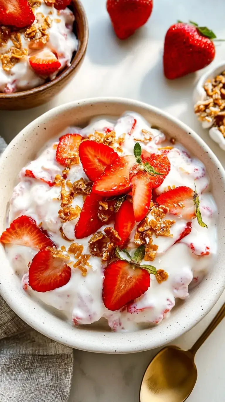 A deconstructed strawberry pretzel salad bowl with layers of crushed pretzels, creamy protein base, and fresh sliced strawberries.