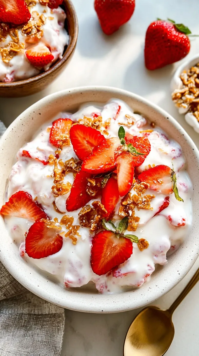 A deconstructed strawberry pretzel salad bowl with layers of crushed pretzels, creamy protein base, and fresh sliced strawberries.