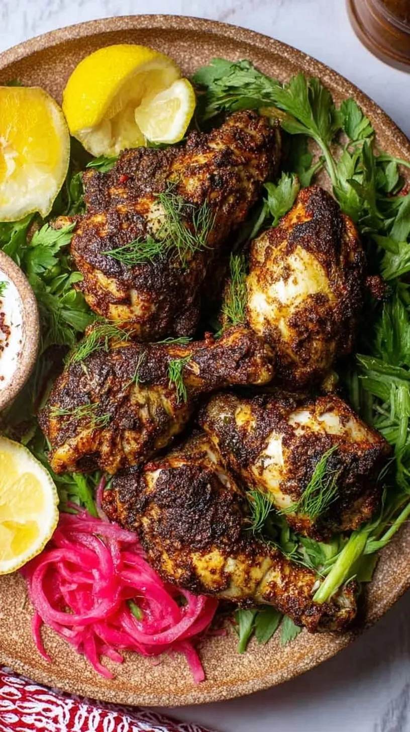 Golden brown cubes of sumac-seasoned chicken in an air fryer basket with lemon wedges