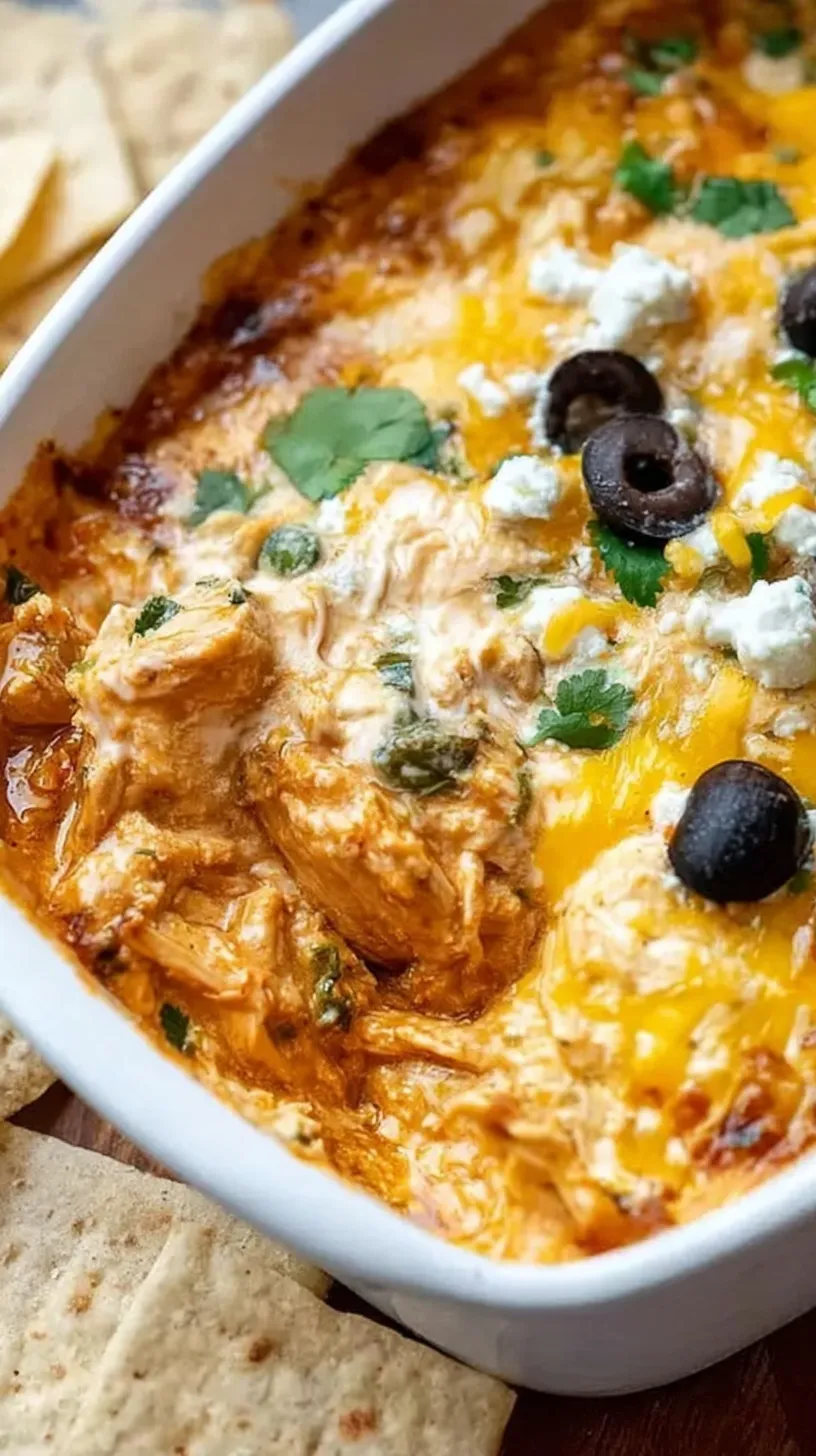 Creamy taco chicken dip topped with melted cheese and fresh cilantro in a skillet.