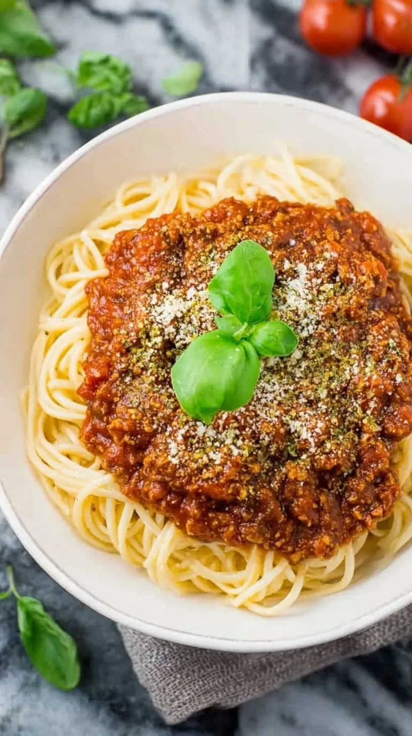 A bowl of thick Tempeh Bolognese sauce served over pasta with fresh herbs