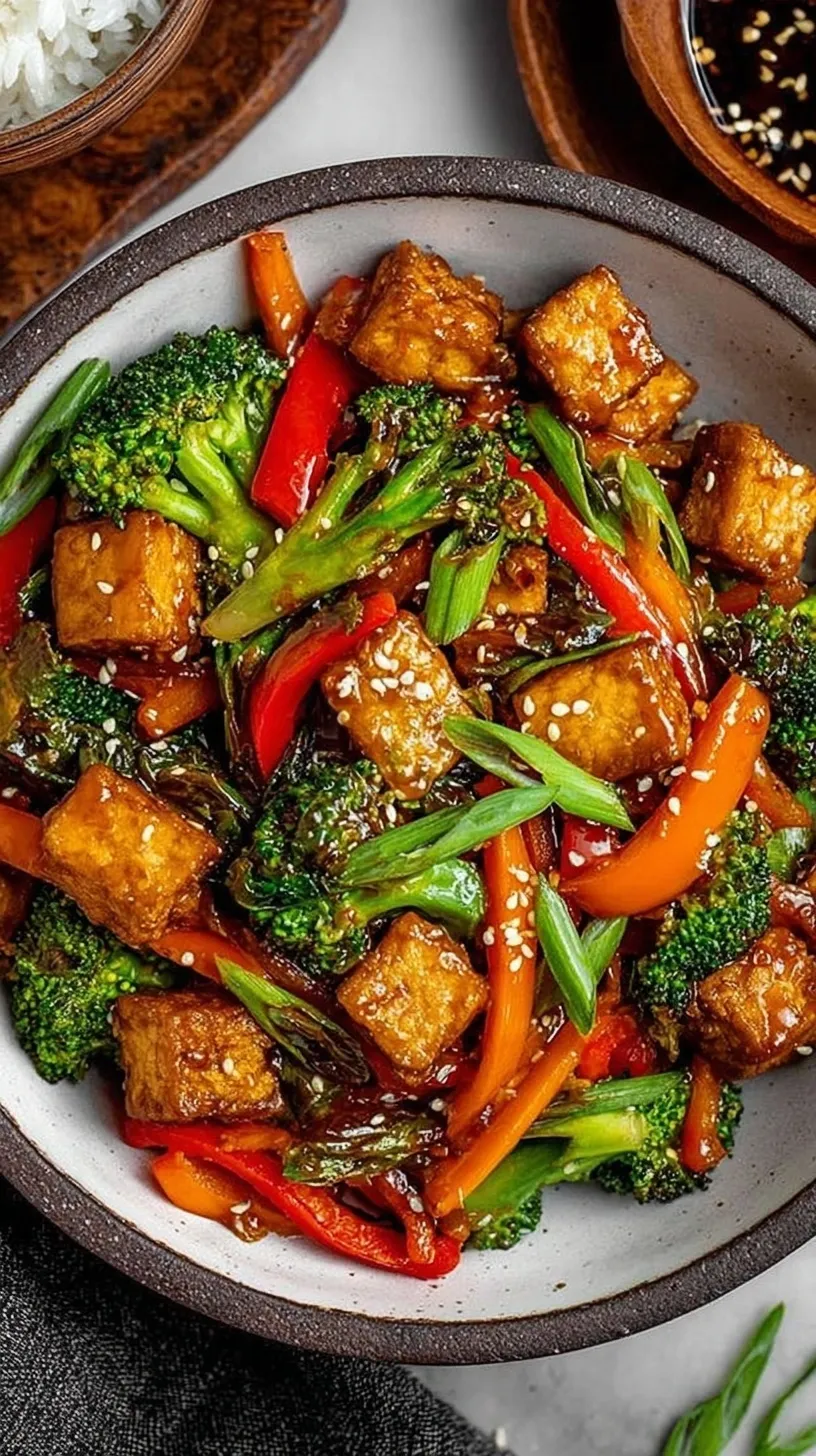 A vibrant High Protein Tempeh Stir-Fry with golden tempeh cubes, bright green broccoli, and red peppers in a glossy glaze.