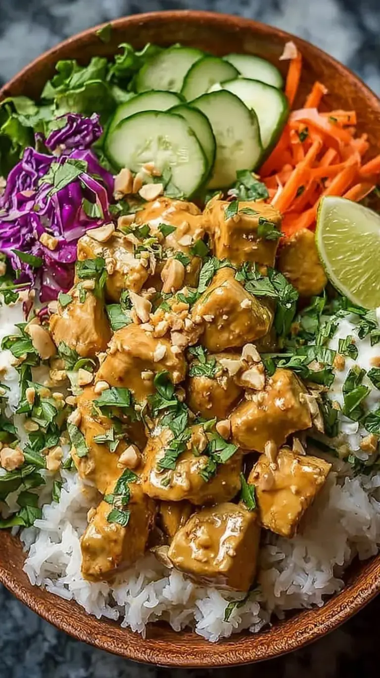 A vibrant meal prep bowl with seared chicken, brown rice, steamed broccoli, and a creamy peanut sauce drizzle.