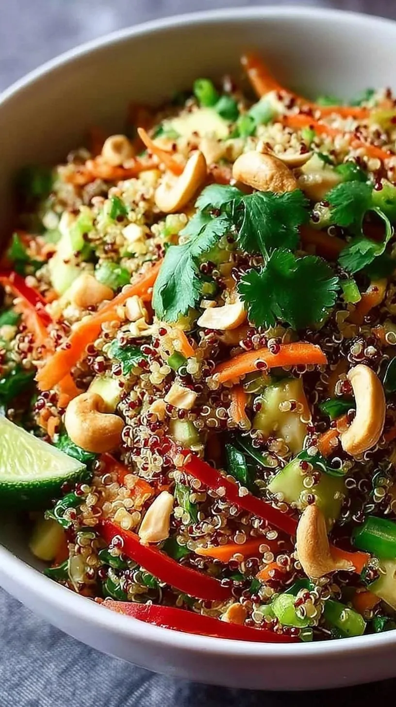 A vibrant and colorful Thai Quinoa Crunch Salad topped with chopped peanuts and cilantro in a large bowl.