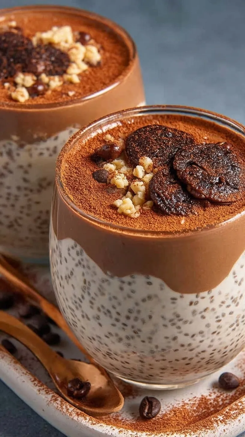 Layered Tiramisu Chia Pudding in a glass with cocoa powder dusting