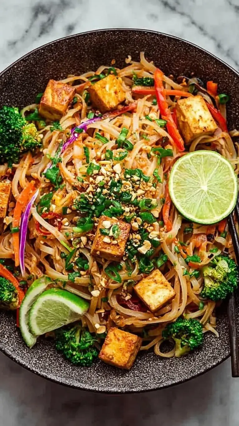 A vibrant plate of High Protein Tofu Pad Thai with lime wedges and peanuts