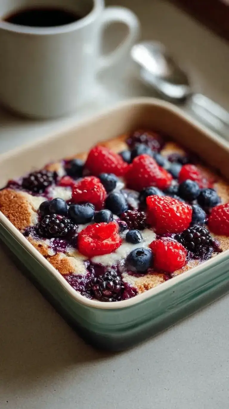 A golden-brown baked oatmeal dish topped with fresh bursting blueberries, raspberries, and blackberries.