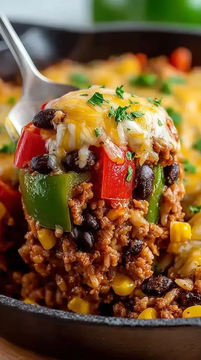 A skillet of high protein unstuffed peppers with melted mozzarella cheese and vibrant bell peppers