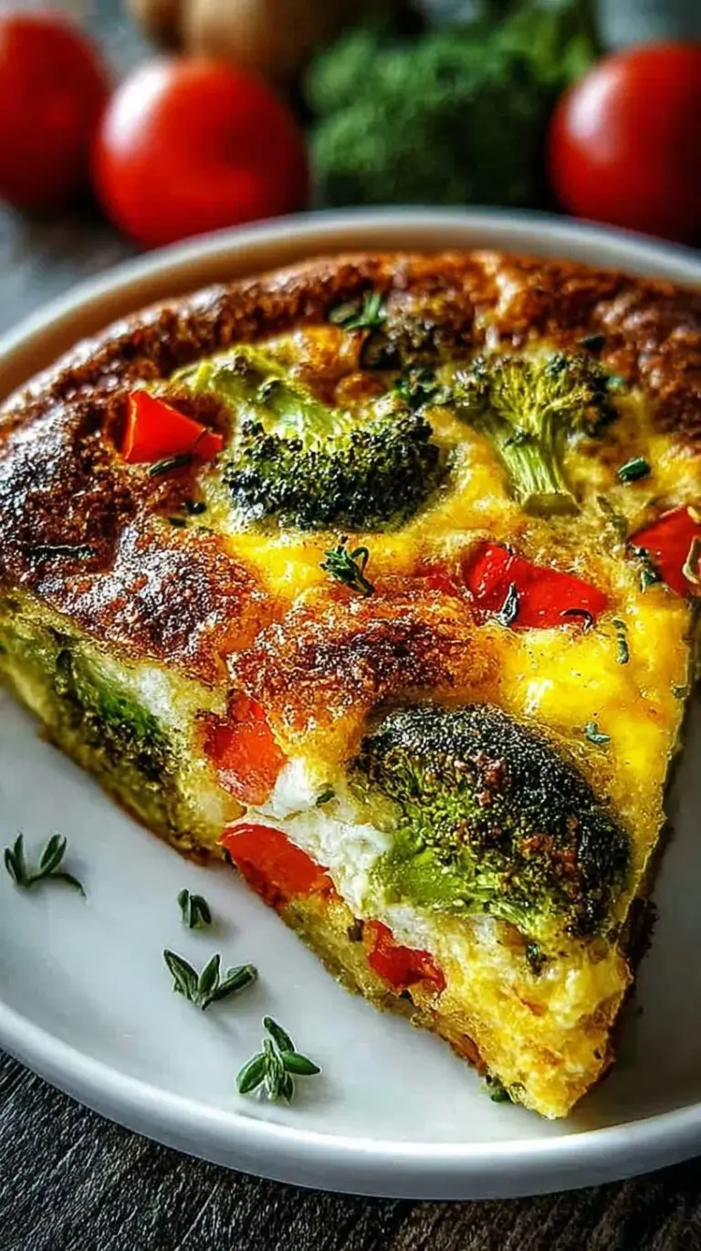 A colorful high protein vegetable breakfast bake in a ceramic dish with melted cheddar cheese on top.
