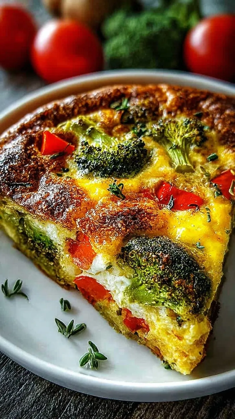 A colorful high protein vegetable breakfast bake in a ceramic dish with melted cheddar cheese on top.