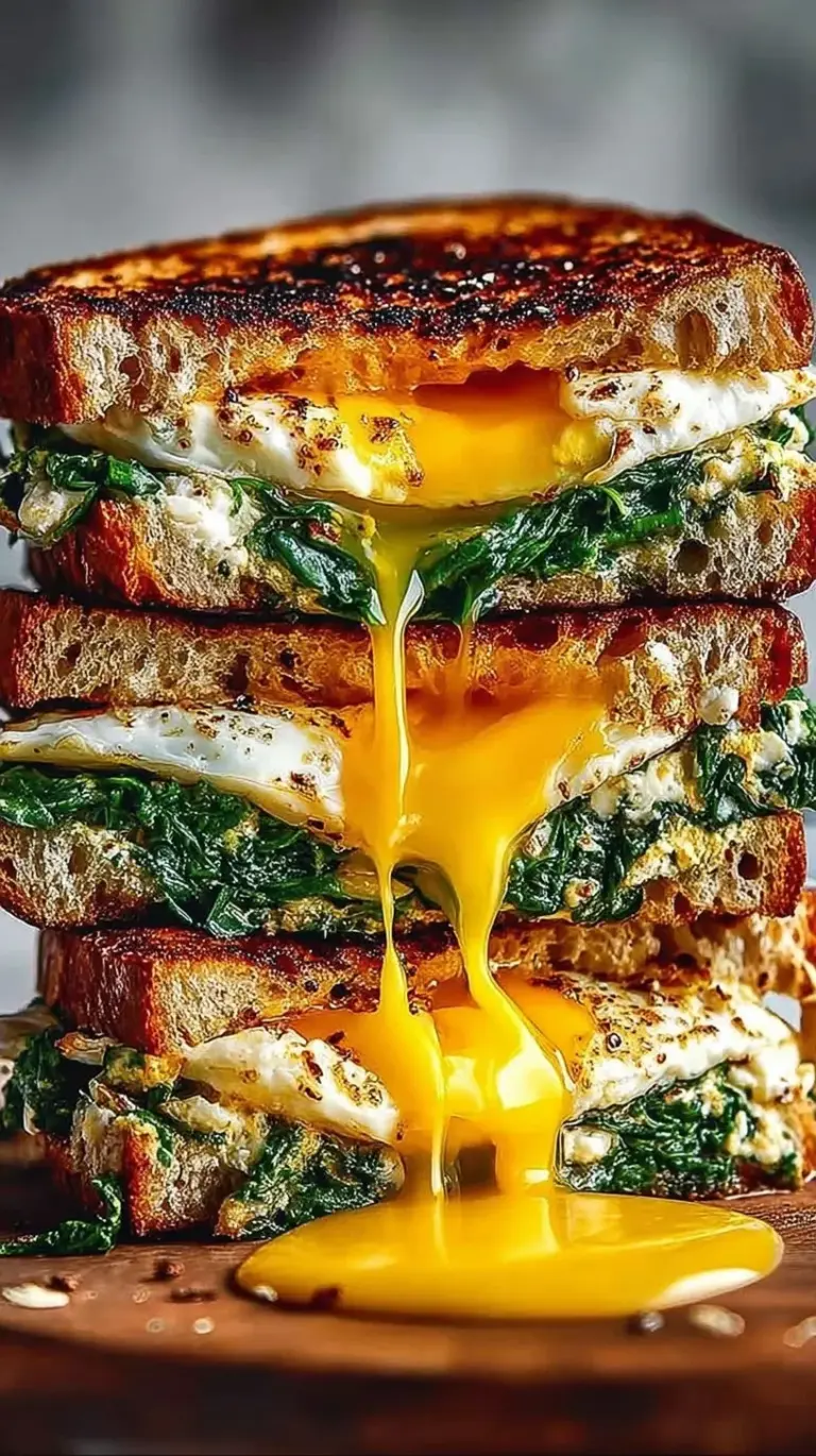 A stack of high protein vegetarian breakfast sandwiches with melted cheddar cheese and fluffy spinach eggs
