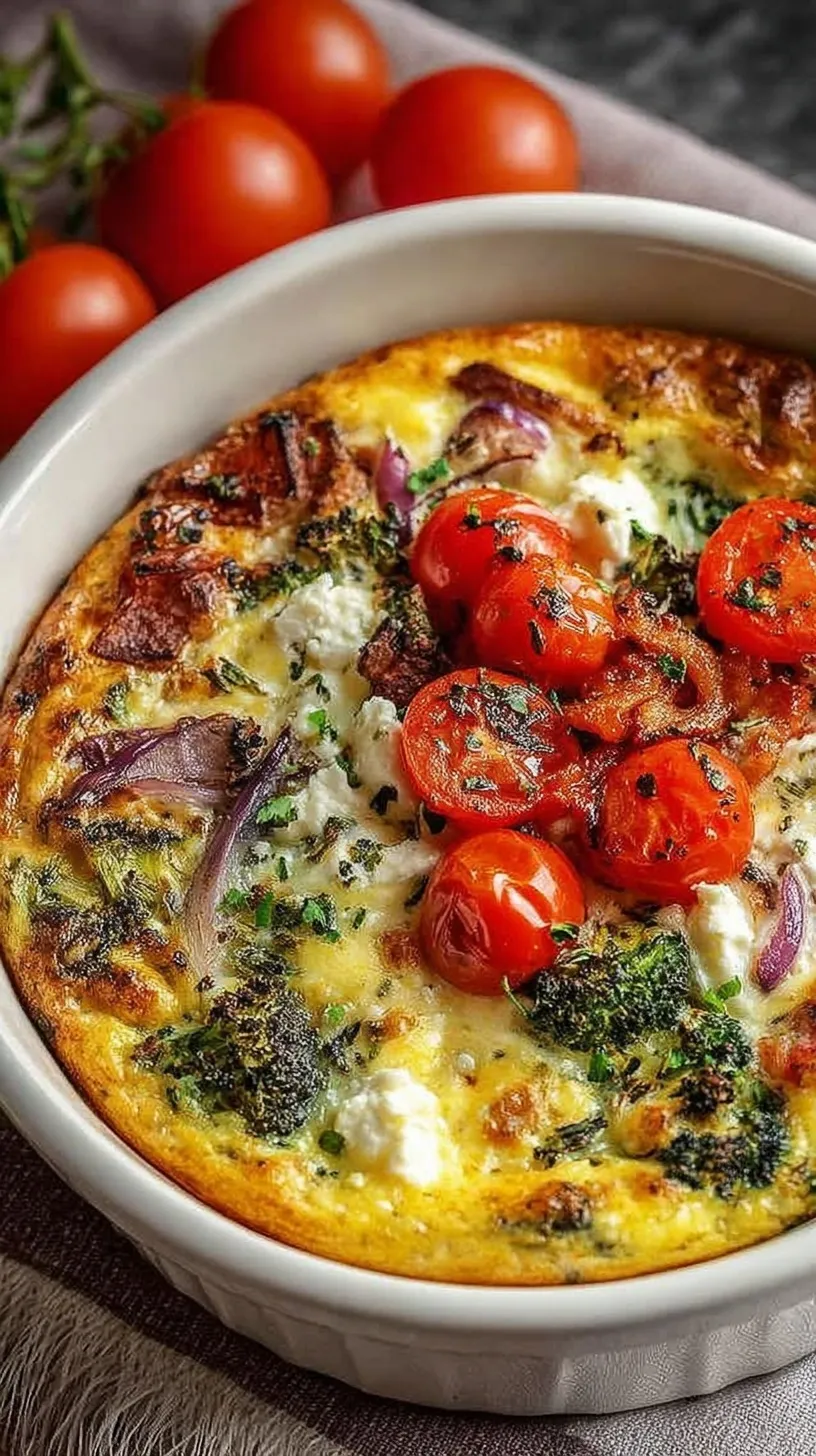 A golden-brown High-Protein Veggie Bake in a square dish with melted cheddar cheese on top.