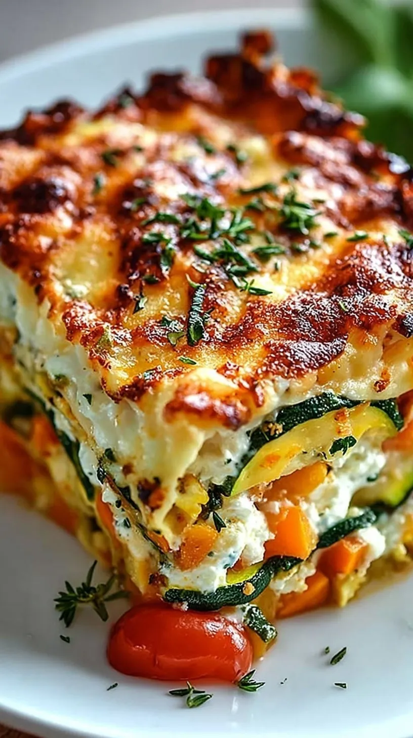 A slice of High Protein Veggie Lasagna with melted mozzarella and fresh spinach layers