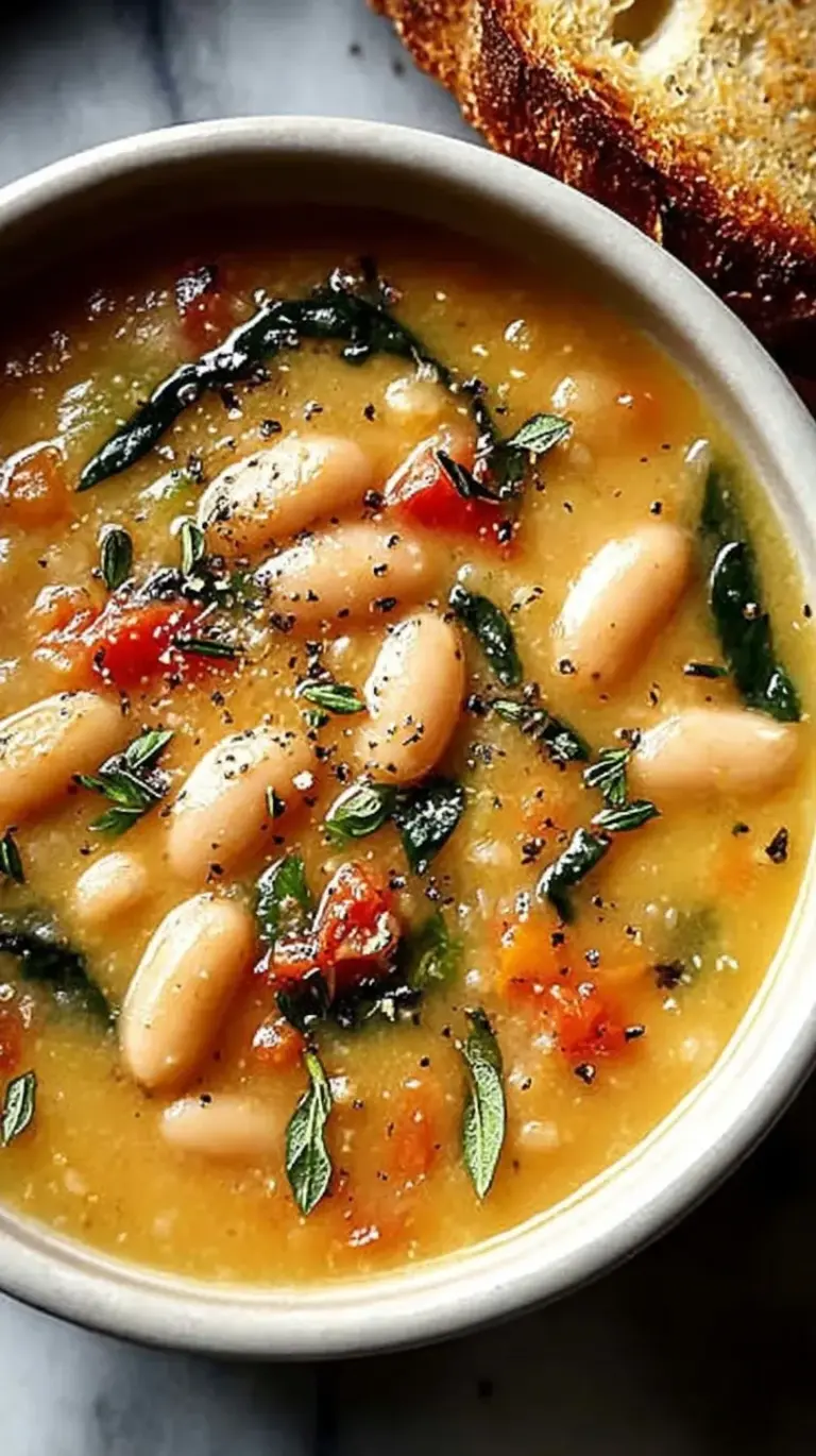 A steaming bowl of white bean soup with turkey sausage, kale, and carrots