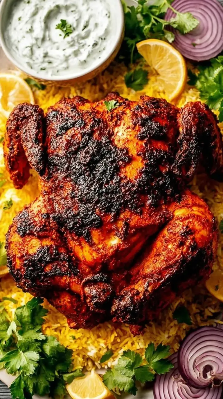 Whole roasted tandoori chicken on a wire rack with lemon wedges and fresh herbs