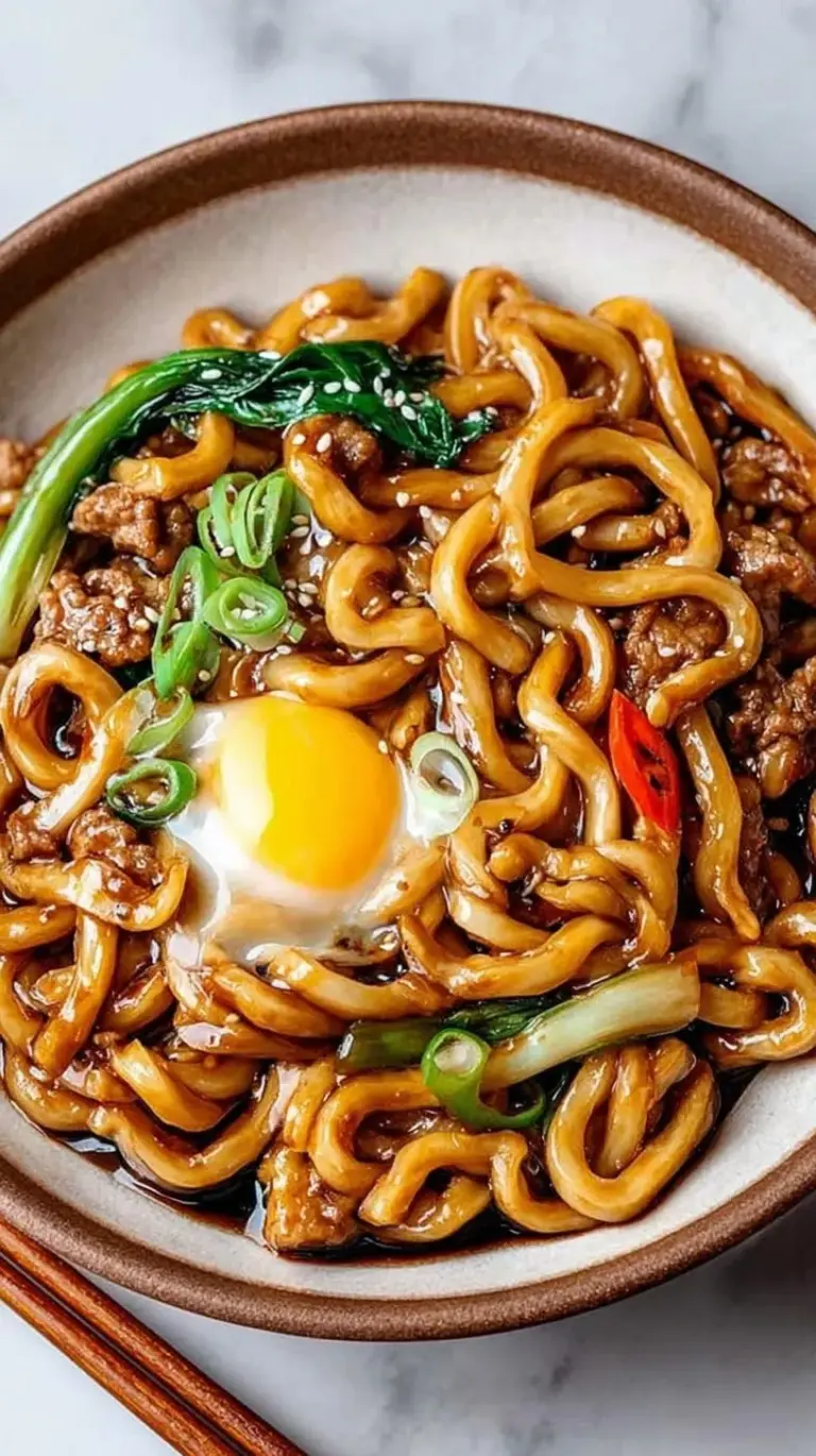 A steaming bowl of High Protein Yaki Udon with chicken, tofu, and thick noodles garnished with green onions.