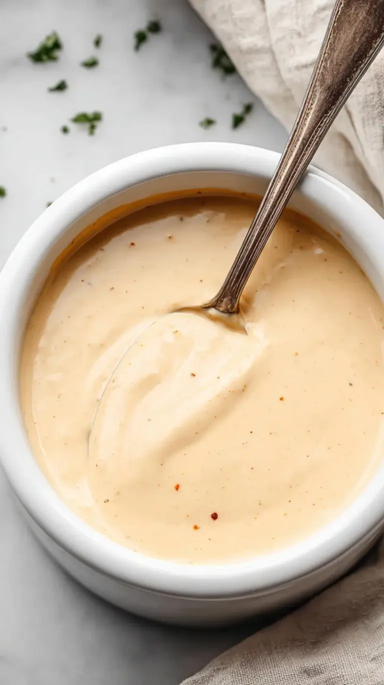 A small glass bowl filled with creamy orange-tinted Homemade Big Mac Sauce next to a fresh burger.