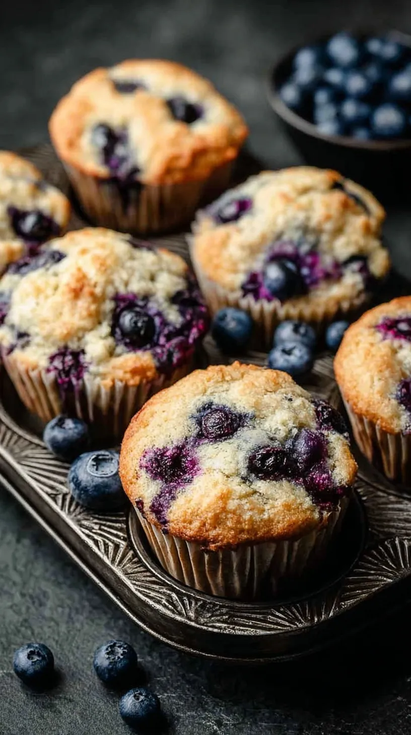 A stack of golden-brown blueberry protein muffins bursting with fresh berries on a cooling rack.