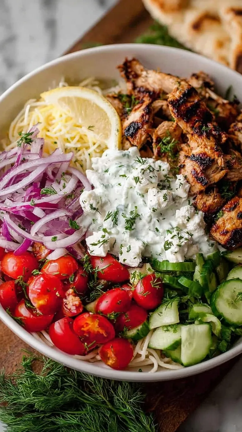 A vibrant Chicken Gyro Bowl with lemon-oregano chicken, rice, tomatoes, cucumber, and feta.