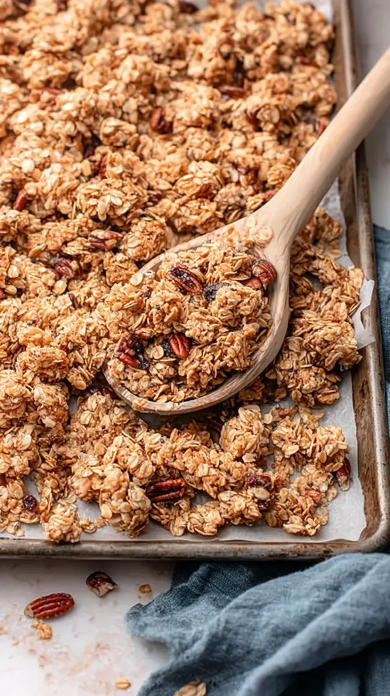 Golden brown homemade granola with nuts and dried cranberries on a baking sheet